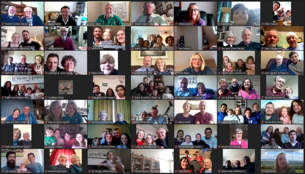 A 7 by 7 grid of Harper family faces on the online video conference call