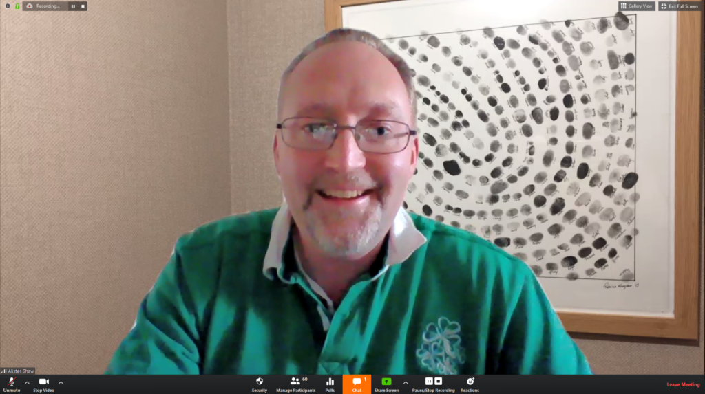 Alister Shaw hosting the online video conference call on Zoom.