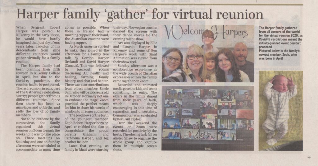 The Harper family virtual reunion featured in the Kilkenny People newspaper.